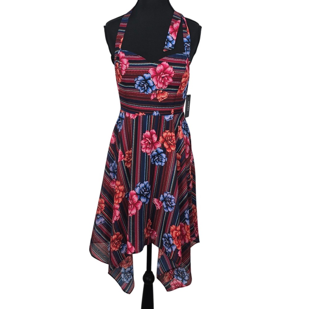 Guess Womens Floral Stripe Halter Handkerchief Hem‎ Dress Size 2 Fairy Boho NWT